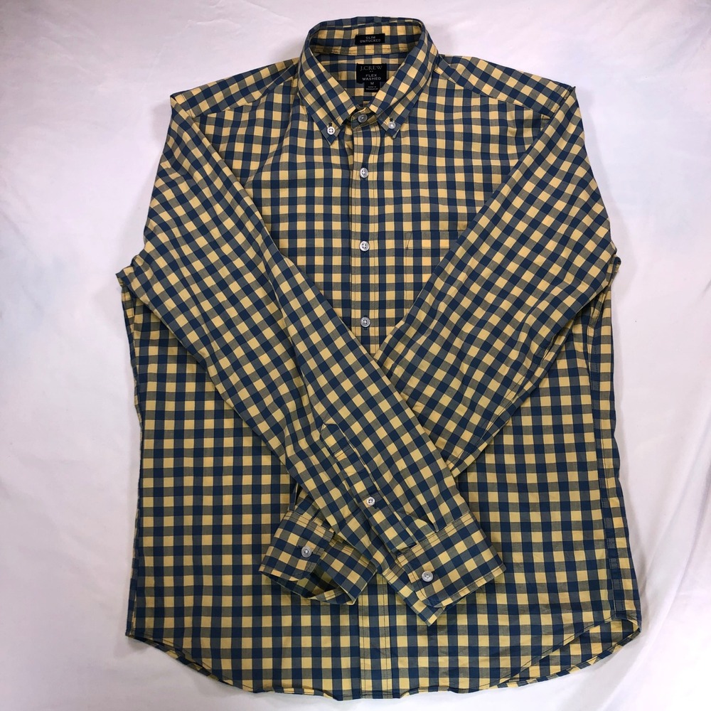 J.Crew Mens Slim Untucked Flex Washed Gingham Shirt Yellow Navy Blue Medium M